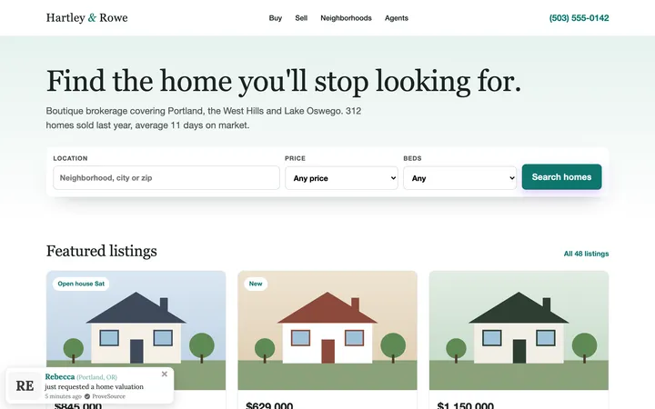 Real estate agency demo with a ProveSource notification