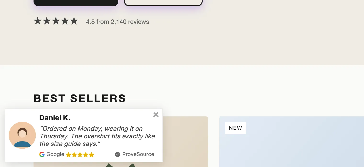 A product review notification with a five-star Google rating in the corner of a store page