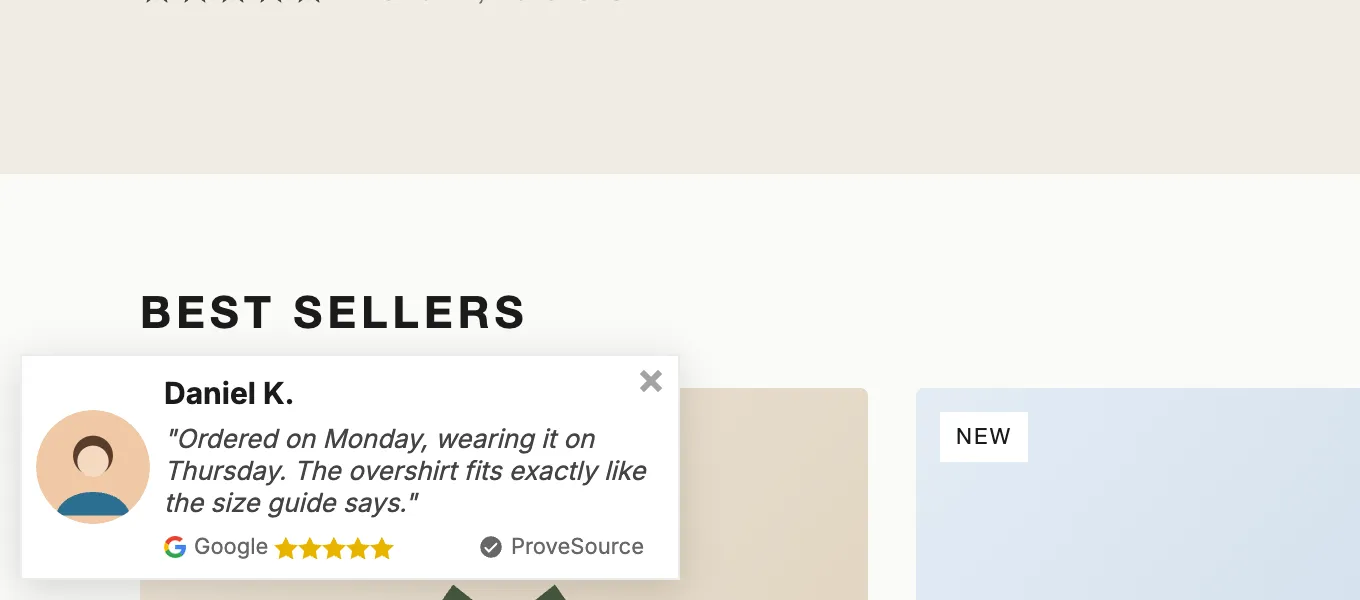 A Google review notification from Daniel K. saying the overshirt fits exactly like the size guide says, with five stars