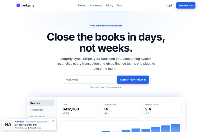 Software landing page demo with a ProveSource notification
