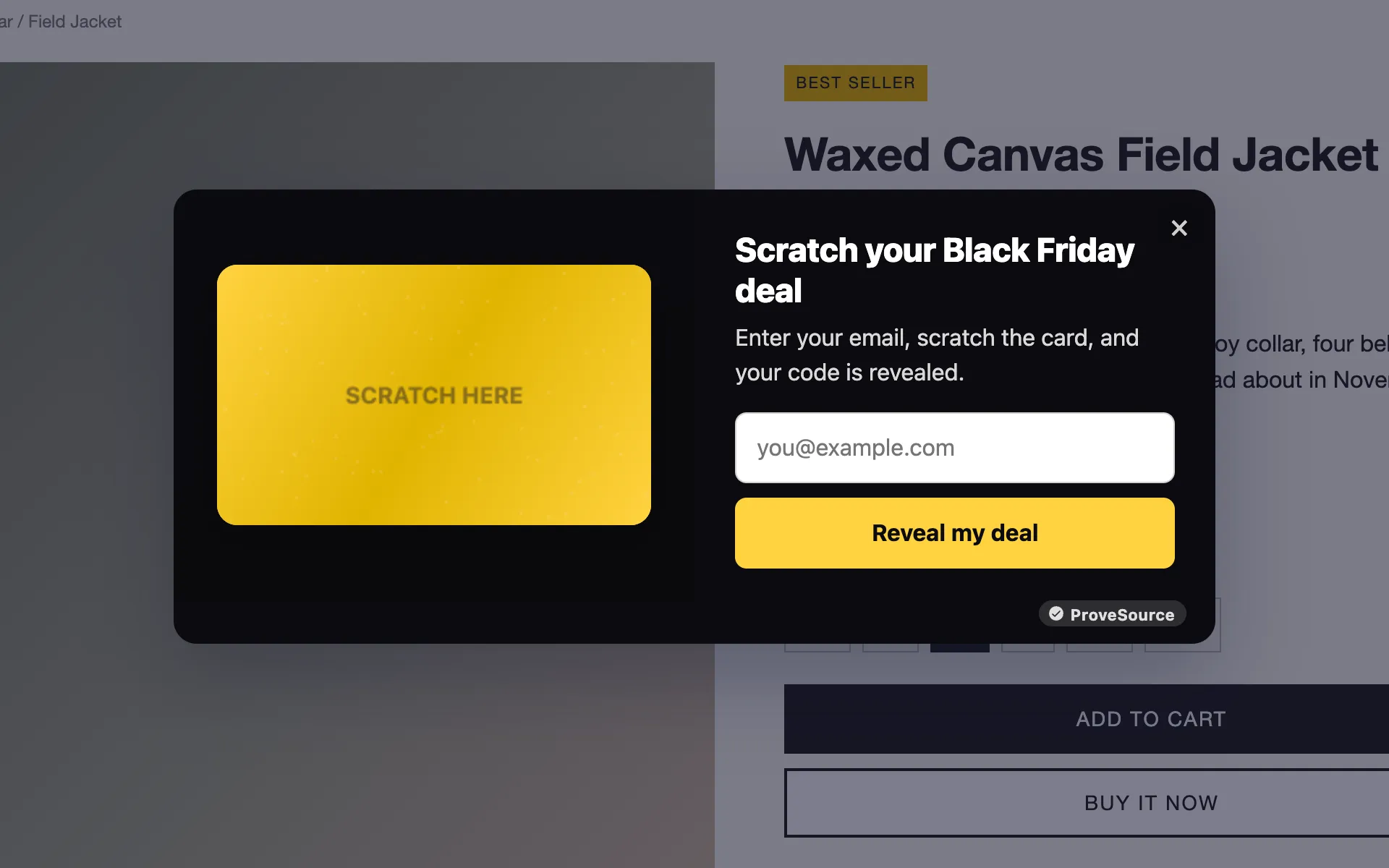 A Black Friday scratch card popup