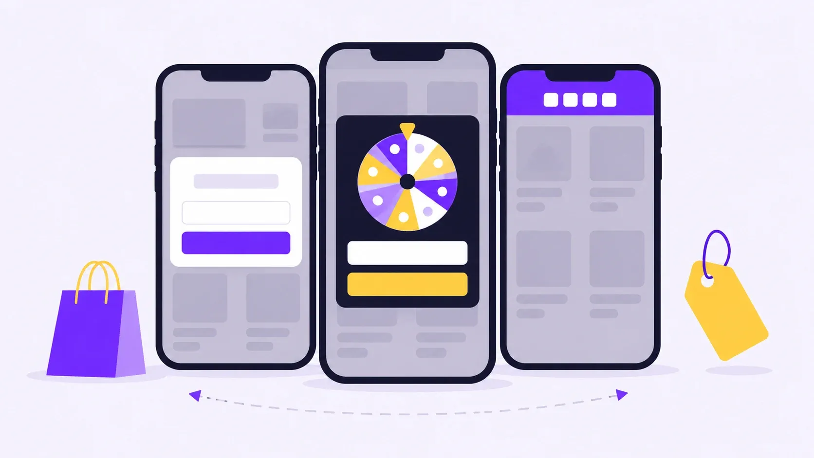 Three phones side by side showing an email popup, a spin to win wheel and a countdown bar on an online store