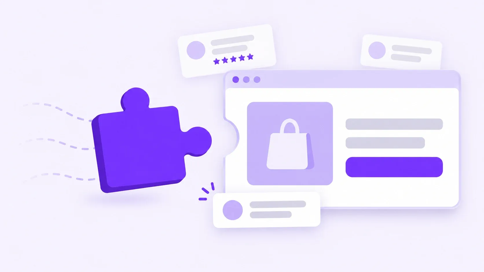 A plugin block sliding into an online store page, with small purchase and review notifications around it