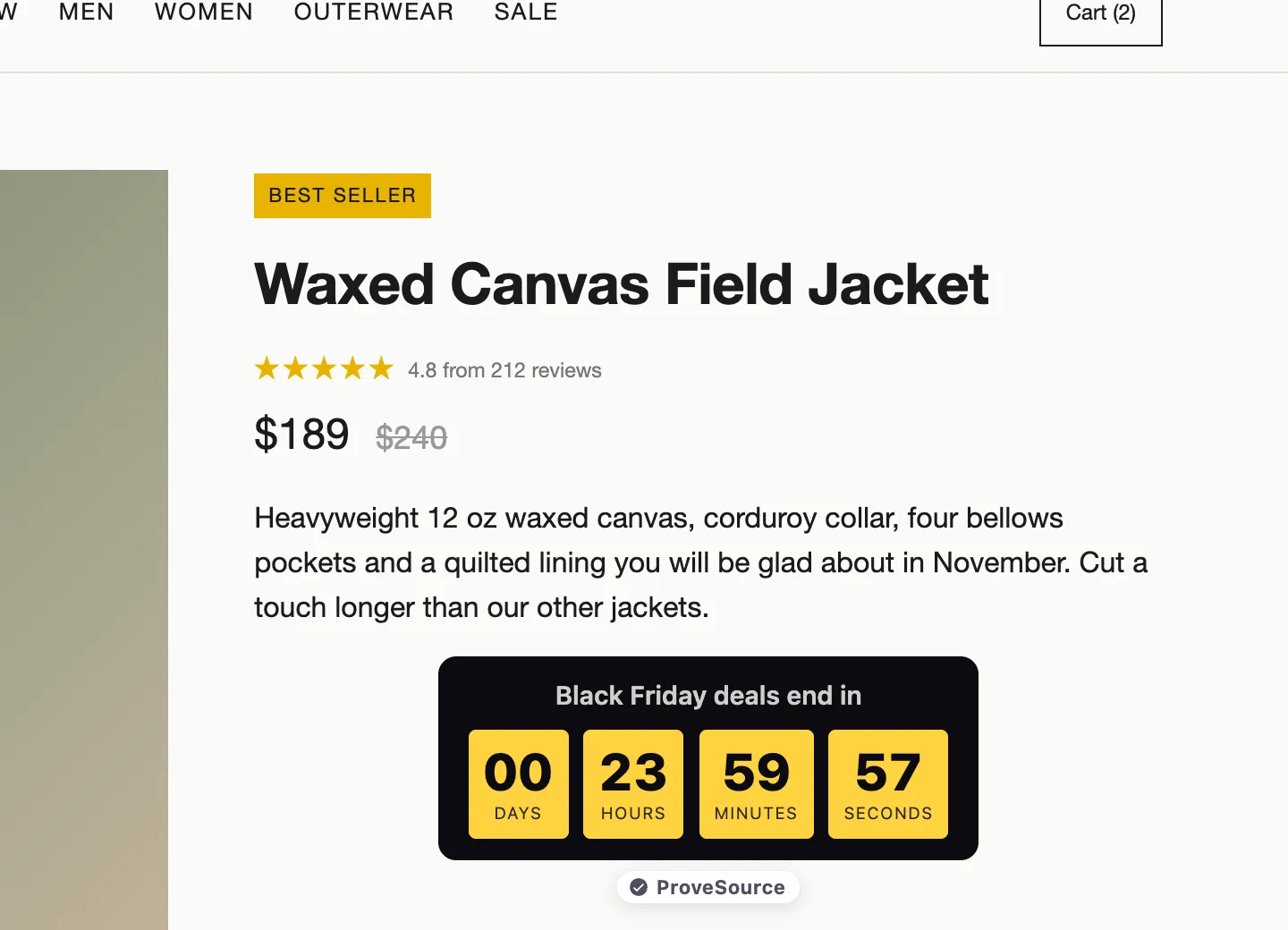 A Black Friday countdown timer next to a product price