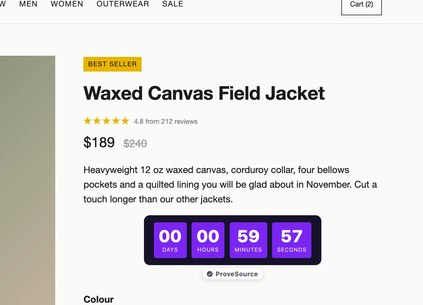 A countdown timer next to a product price