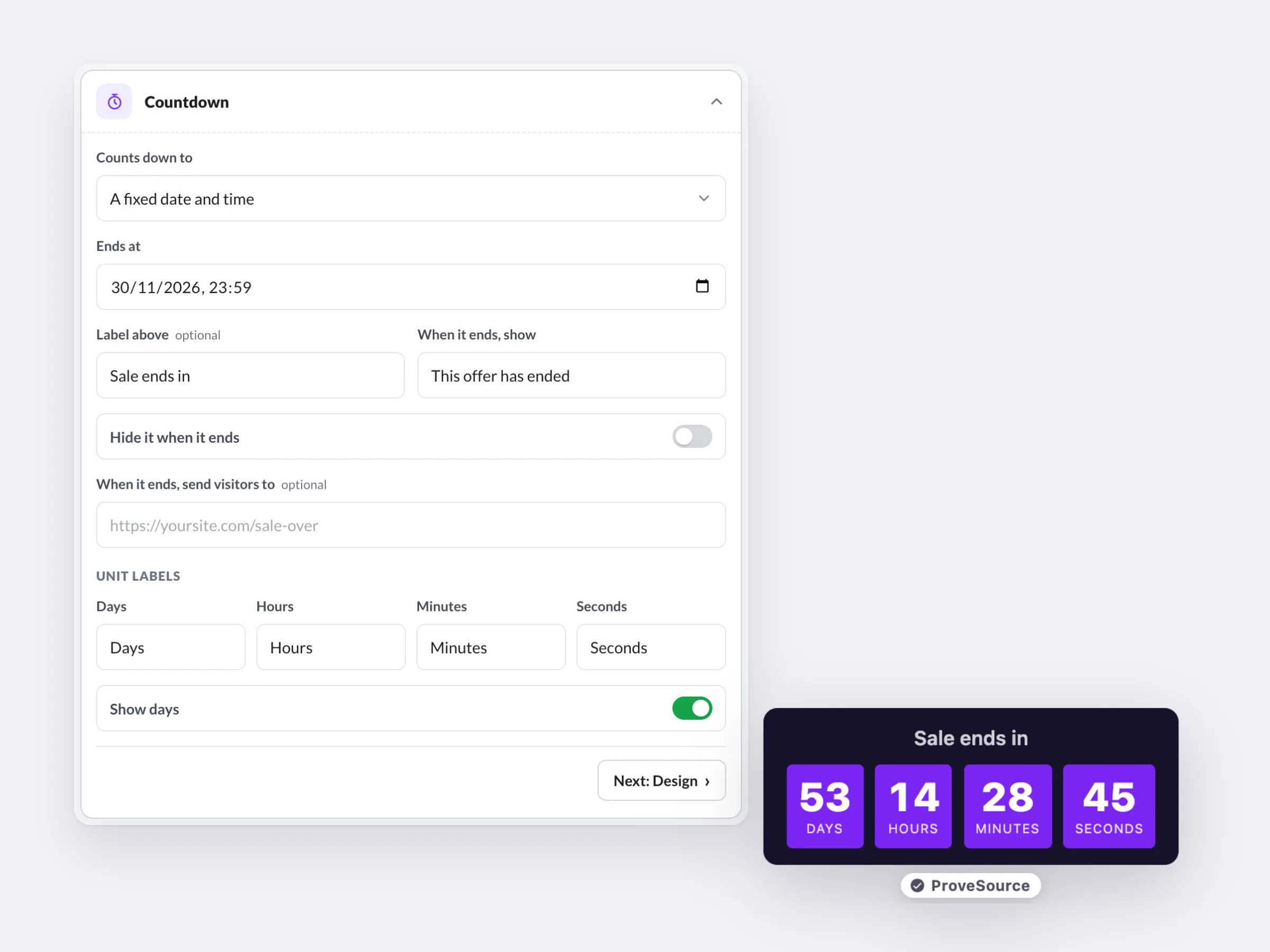 The countdown settings in the Boost editor next to a live preview of the timer