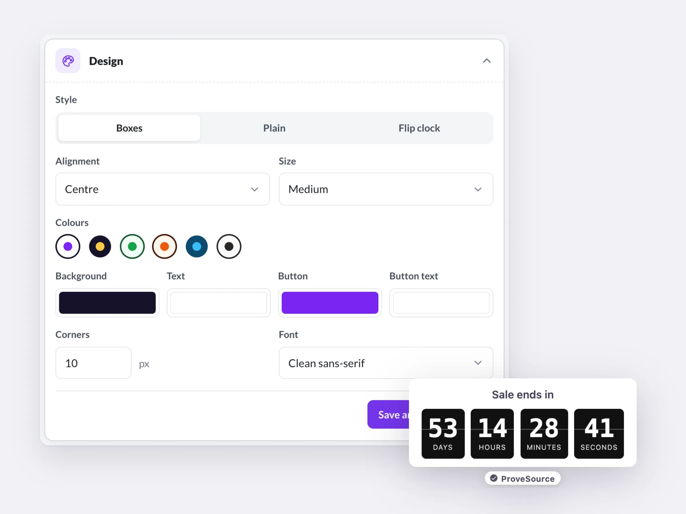 The timer design settings with a live preview