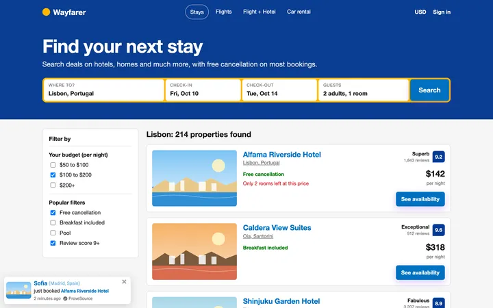 Travel booking site demo with a ProveSource notification
