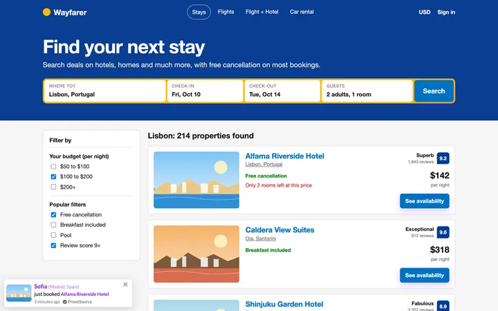 Travel booking site demo with a ProveSource notification
