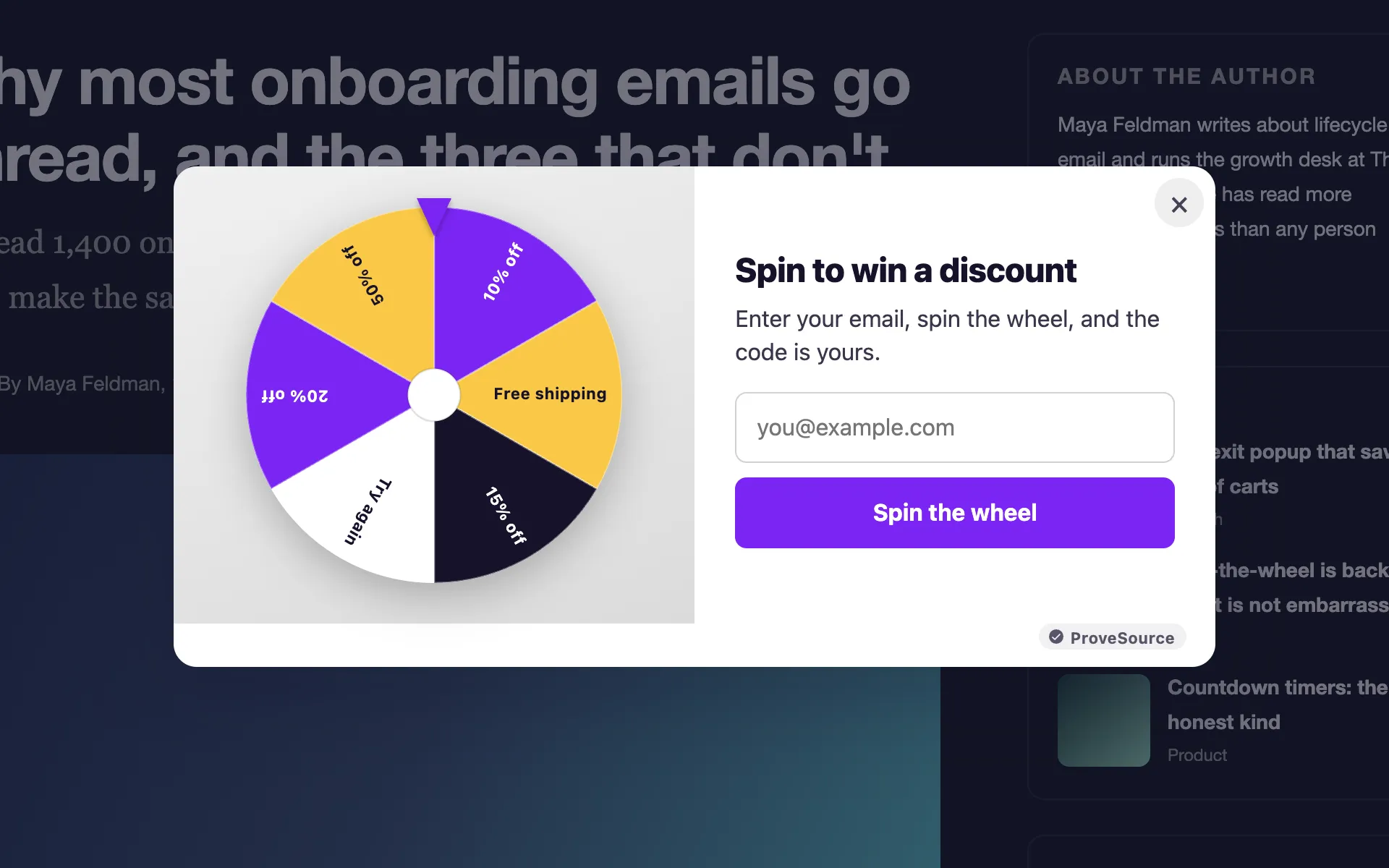 A light spin-to-win wheel pop-up on a blog