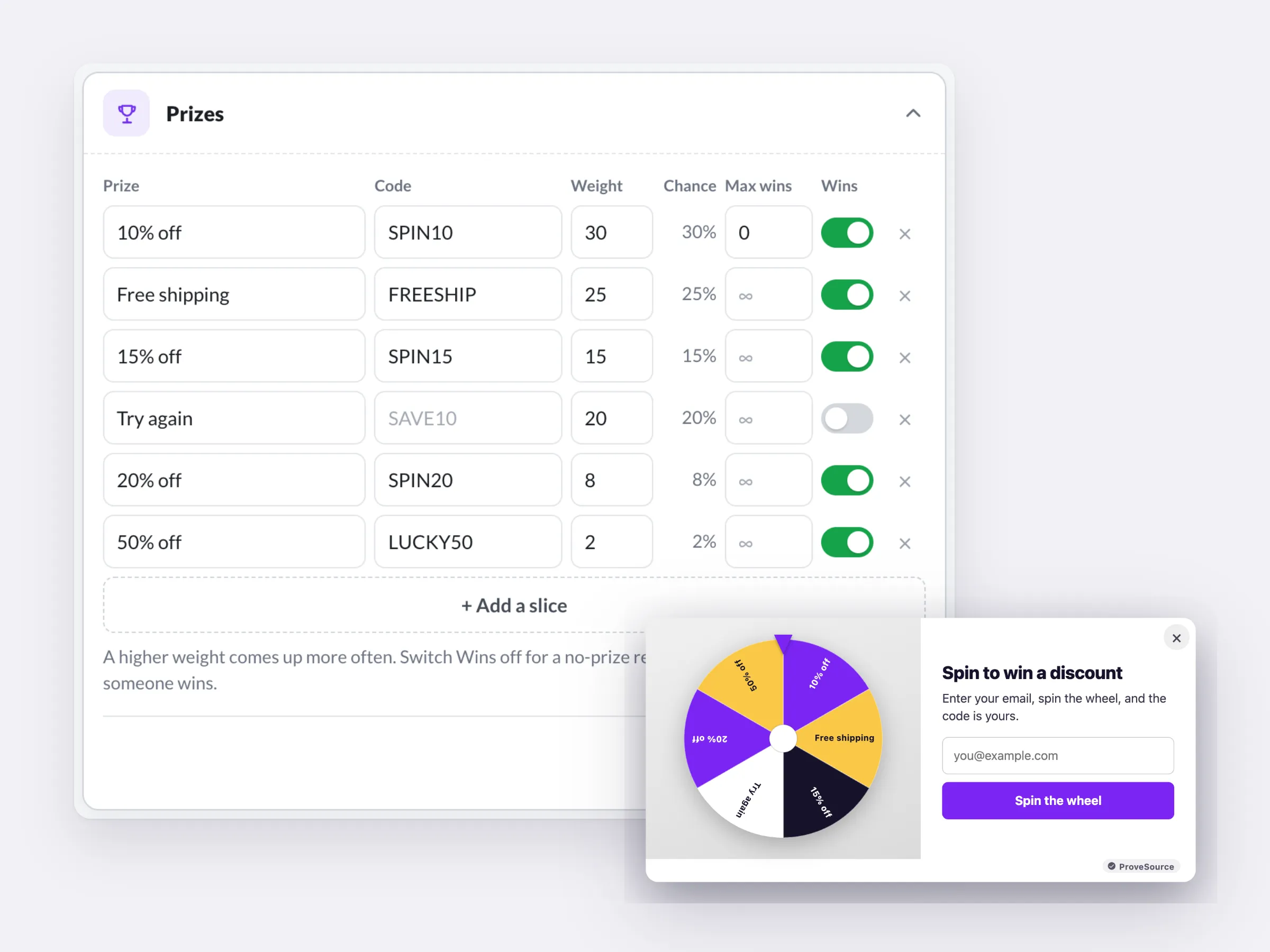 The prizes table in the Boost editor with weights, chances and caps, next to a live preview of the wheel
