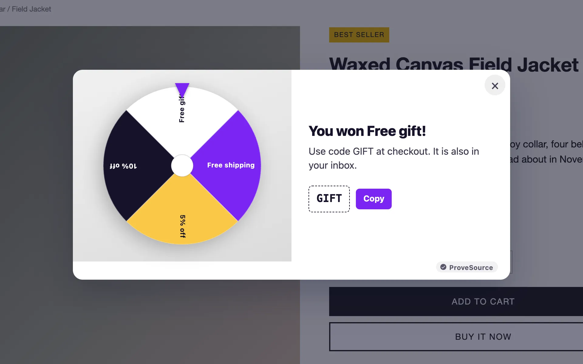 A spin to win popup showing a won code