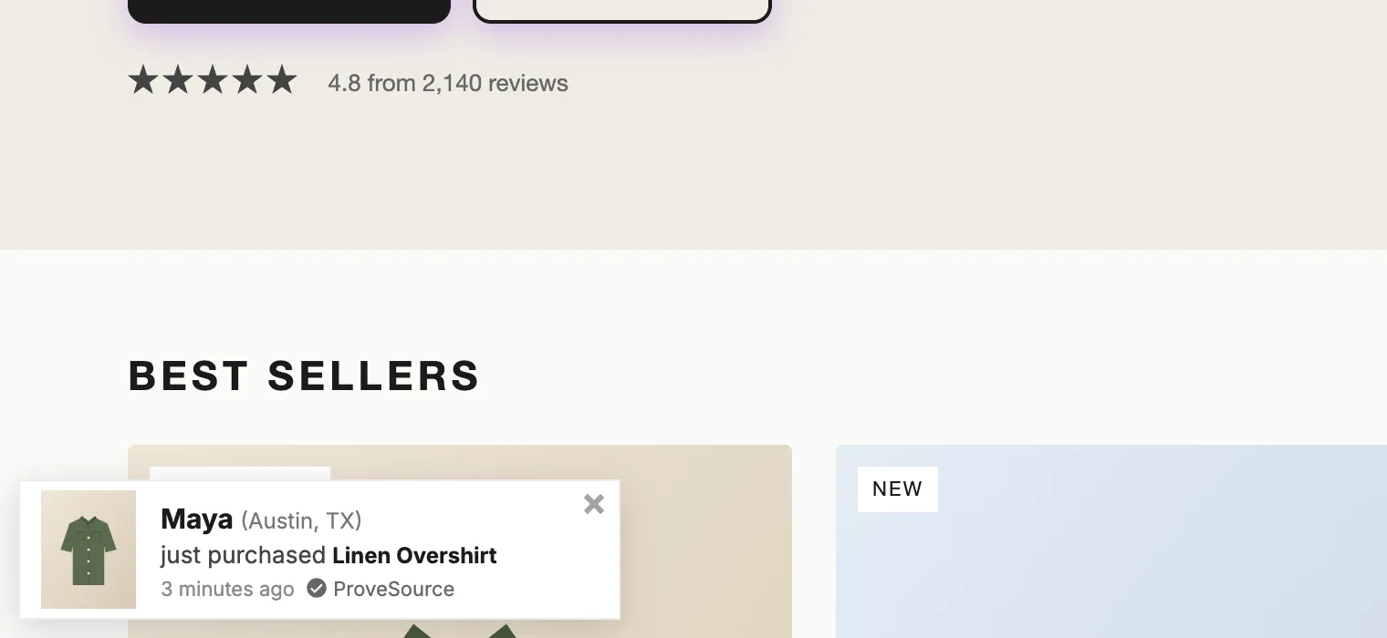 A WooCommerce-style store with a ProveSource notification saying Maya from Austin just purchased the Linen Overshirt