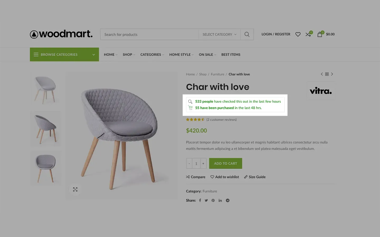Woodmart using social proof toward a particular product