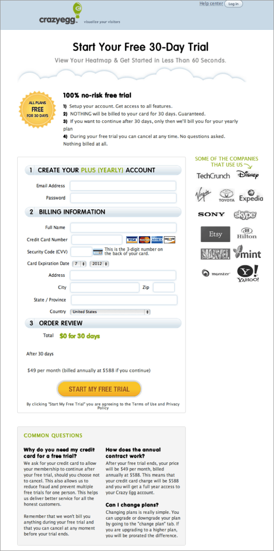CrazyEgg's checkout page after power words optimization to give clarity. 